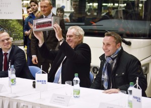 Czech Republic President Zeman hold scale model of Iveco Bus vehicle with Sylvain Blaise (right) Head of Global Bus at CNH Industrial