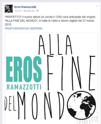  Eros Ramazzotti  annuncia il singolo “Alla fine del mondo”: a settembre il tour
