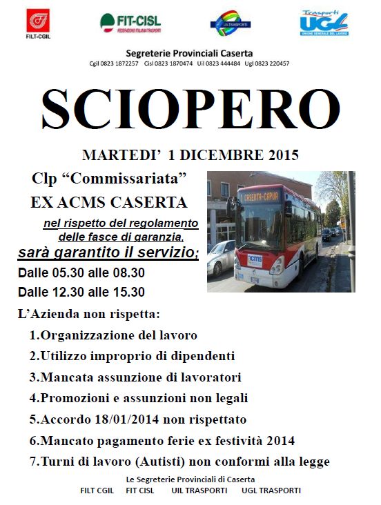  Sciopero dei trasporti pubblici a Caserta martedì 1 dicembre 2015